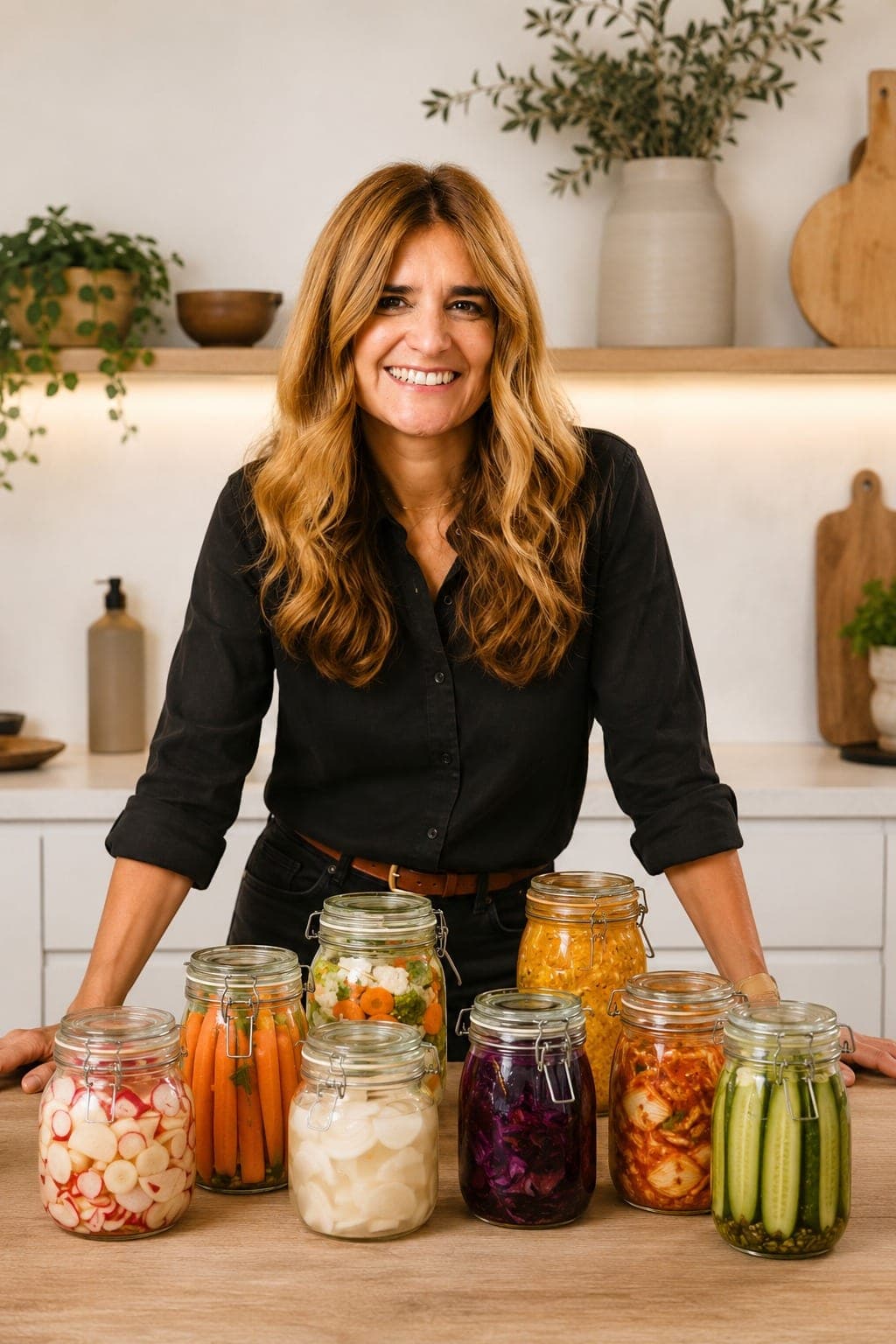 Maria Cramês a sorrir, atrás de uma bancada com os seus frascos de vegetais fermentados